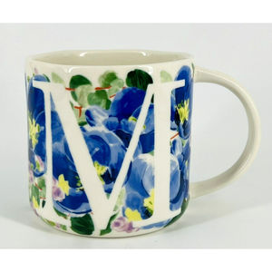 Anthropology Coffee Cup Mug Monogrammed M Blue Violets Pansy Flowers